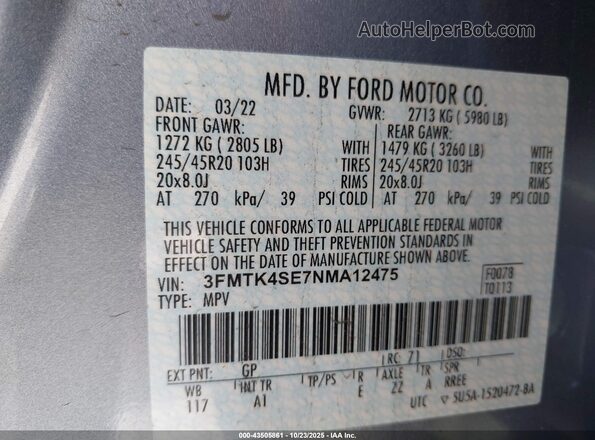 3FMTK4SE7NMA12475 2022 FORD MUSTANG MACH-E Light Blue Widok komory silnika