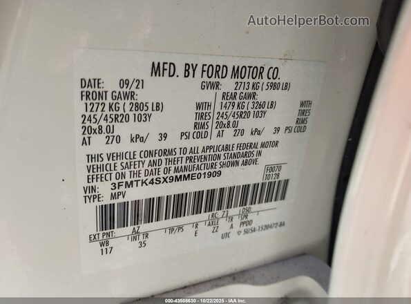 3FMTK4SX9MME01909 2021 FORD MUSTANG MACH-E White Vista del compartimento del motor