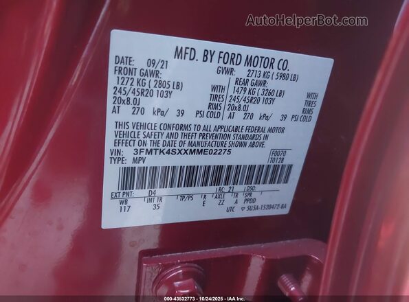 3FMTK4SXXMME02275 2021 FORD MUSTANG MACH-E Red Vista de la etiqueta del VIN