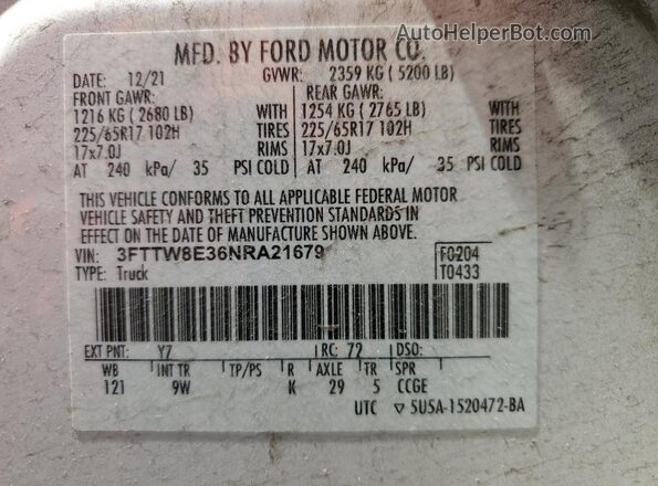 3FTTW8E36NRA21679 2022 FORD MAVERICK Yellow Vista de la etiqueta del VIN