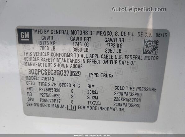 3GCPCSEC3GG370529 2016 CHEVROLET SILVERADO White Շարժիչի բաժամունքի տեսք