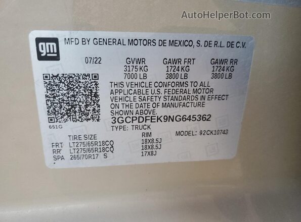 3GCPDFEK9NG645362 2022 CHEVROLET SILVERADO Tan ძრავის განყოფილების ხედი
