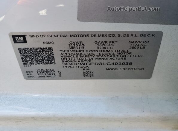 3GCPWCED3LG401035 2020 CHEVROLET SILVERADO White Вид підкапотного простору