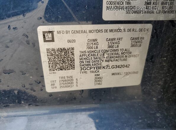 3GCPYBEK7LG342042 2020 CHEVROLET SILVERADO Blue VIN կոդի պիտակի տեսք