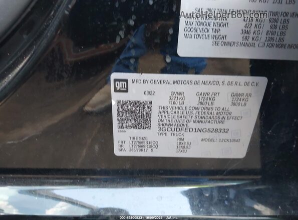 3GCUDFED1NG528332 2022 CHEVROLET SILVERADO Black Vista del compartimento del motor