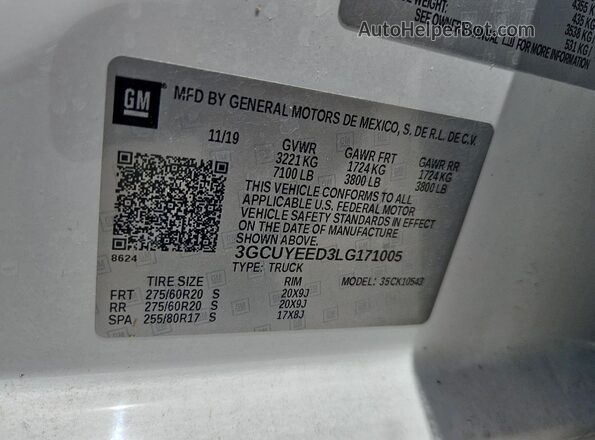 3GCUYEED3LG171005 2020 CHEVROLET SILVERADO White ძრავის განყოფილების ხედი