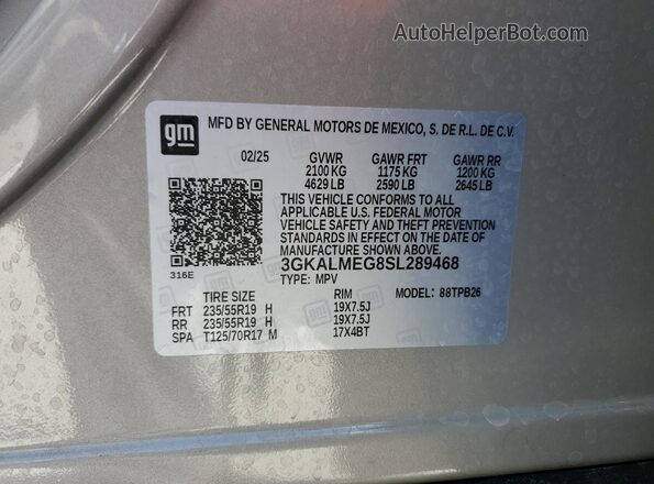 3GKALMEG8SL289468 2025 GMC TERRAIN Silver Vista de la etiqueta del VIN