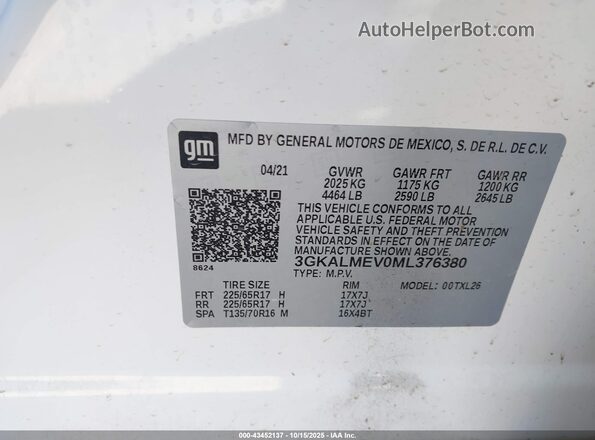 3GKALMEV0ML376380 2021 GMC TERRAIN White ძრავის განყოფილების ხედი