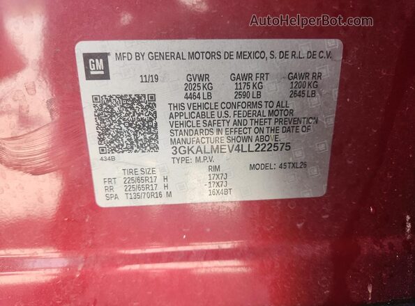 3GKALMEV4LL222575 2020 GMC TERRAIN Red Vista de la etiqueta del VIN