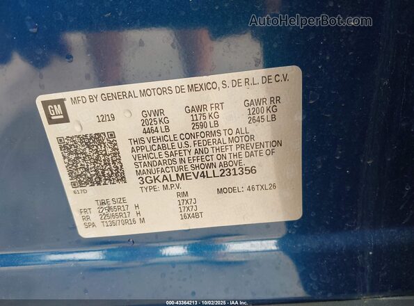 3GKALMEV4LL231356 2020 GMC TERRAIN Blue Вид підкапотного простору