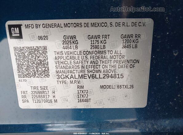 3GKALMEV6LL294815 2020 GMC TERRAIN Blue Շարժիչի բաժամունքի տեսք