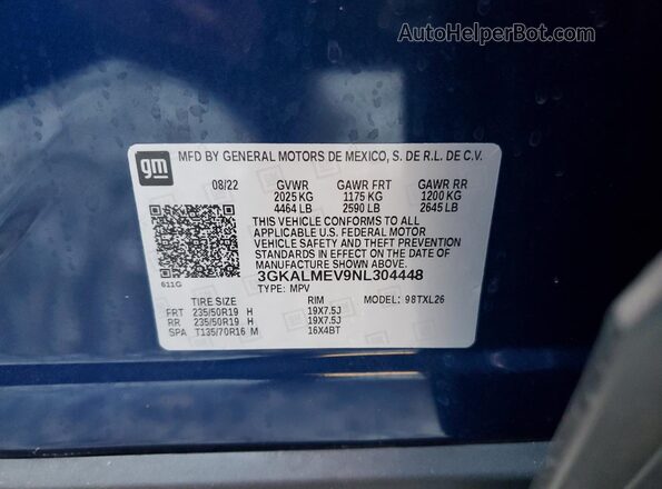 3GKALMEV9NL304448 2022 GMC TERRAIN Синий Вид наклейки с VIN-кодом