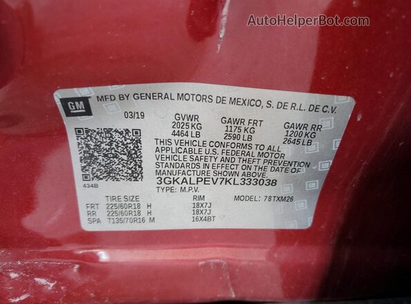 3GKALPEV7KL333038 2019 GMC TERRAIN Red VIN კოდის სტიკერის ხედი
