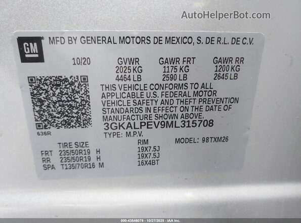 3GKALPEV9ML315708 2021 GMC TERRAIN Silver Widok komory silnika