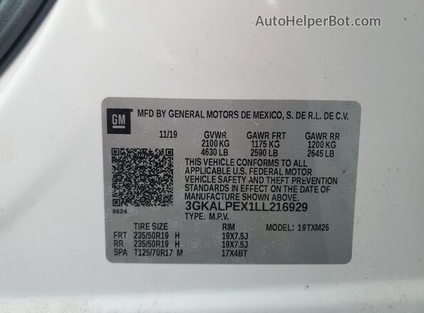3GKALPEX1LL216929 2020 GMC TERRAIN Белый Панорамный вид салона 360°