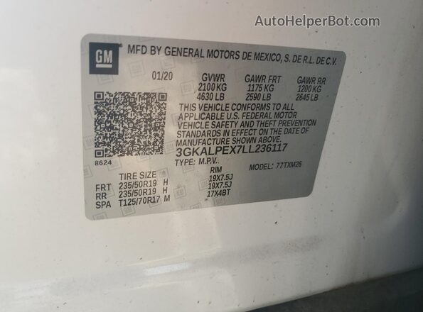 3GKALPEX7LL236117 2020 GMC TERRAIN White Vista de la etiqueta del VIN
