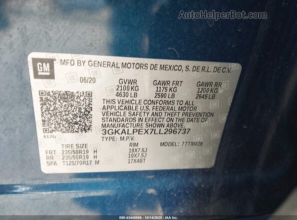 3GKALPEX7LL296737 2020 GMC TERRAIN Blue Vista del compartimento del motor