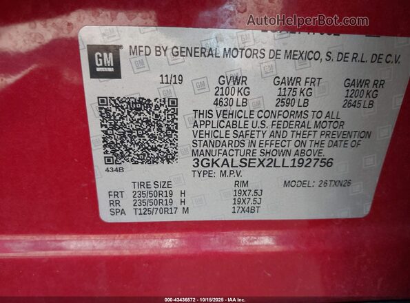 3GKALSEX2LL192756 2020 GMC TERRAIN Red Вид підкапотного простору