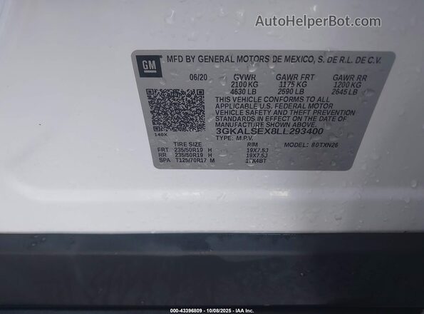 3GKALSEX8LL293400 2020 GMC TERRAIN White Vista del compartimento del motor