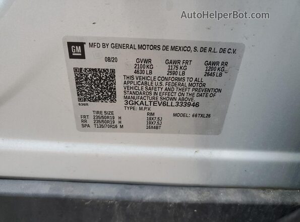3GKALTEV6LL333946 2020 GMC TERRAIN Silver Widok naklejki z numerem VIN