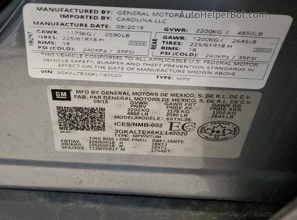 3GKALTEX6KL140020 2019 GMC TERRAIN Silver Widok naklejki z numerem VIN