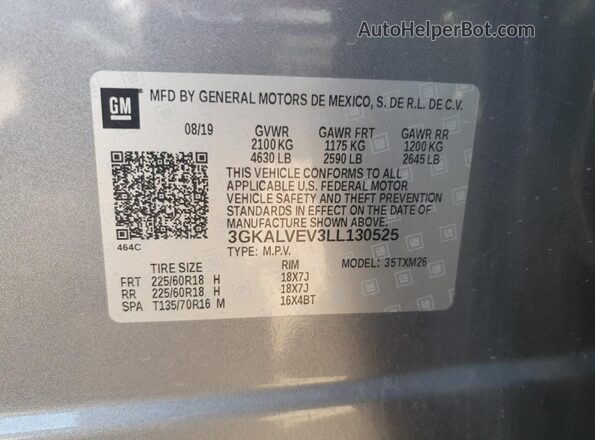 3GKALVEV3LL130525 2020 GMC TERRAIN Gray Widok naklejki z numerem VIN