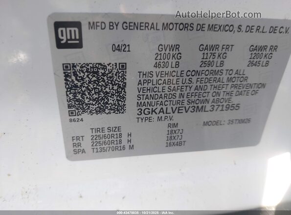 3GKALVEV3ML371955 2021 GMC TERRAIN White Vista del compartimento del motor
