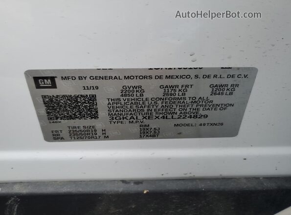 3GKALXEX4LL224829 2020 GMC TERRAIN Белый Панорамный вид салона 360°