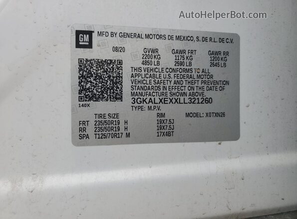 3GKALXEXXLL321260 2020 GMC TERRAIN White VIN კოდის სტიკერის ხედი