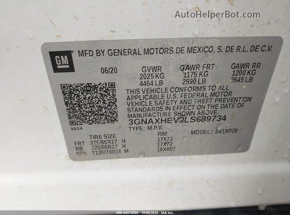 3GNAXHEV3LS689734 2020 CHEVROLET EQUINOX White Widok komory silnika