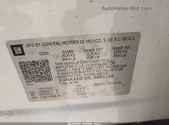 3GNAXHEV5LS669159 2020 CHEVROLET EQUINOX White Вид підкапотного простору