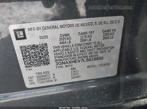 3GNAXHEV7LS619850 2020 CHEVROLET EQUINOX Серый Вид подкапотного пространства