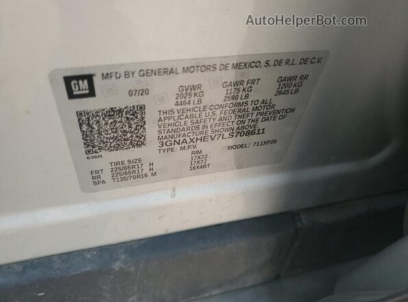 3GNAXHEV7LS708611 2020 CHEVROLET EQUINOX Серебряный Вид наклейки с VIN-кодом