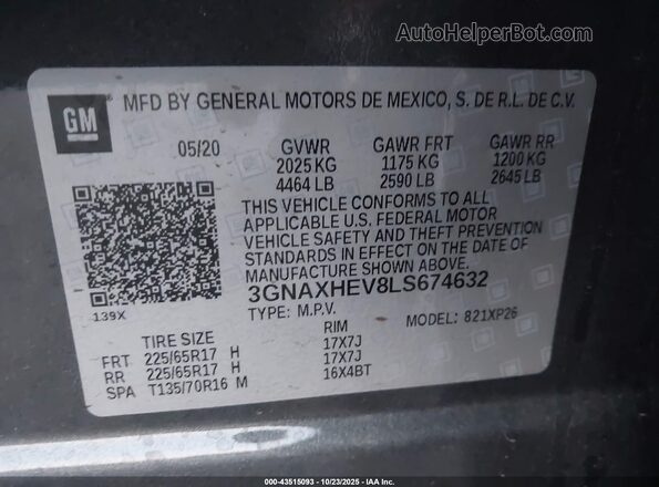 3GNAXHEV8LS674632 2020 CHEVROLET EQUINOX Gray Շարժիչի բաժամունքի տեսք
