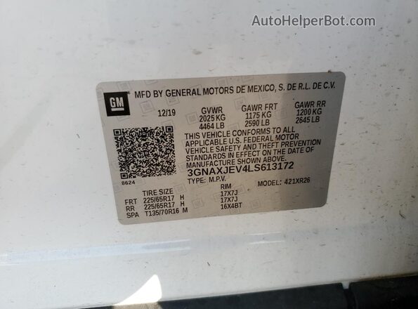 3GNAXJEV4LS613172 2020 CHEVROLET EQUINOX White VIN კოდის სტიკერის ხედი