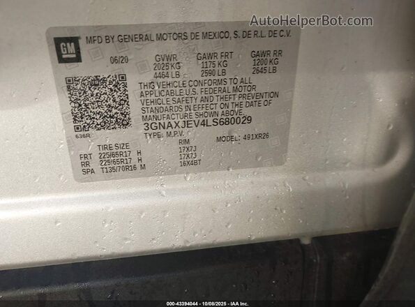 3GNAXJEV4LS680029 2020 CHEVROLET EQUINOX Silver Vista del compartimento del motor