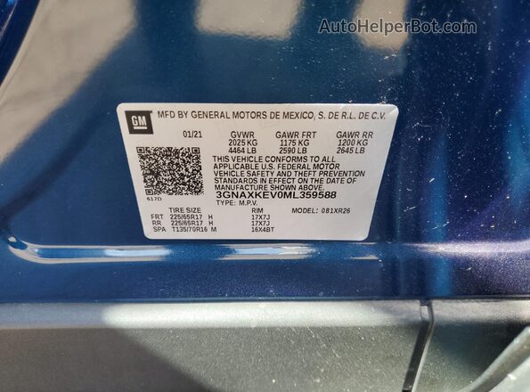 3GNAXKEV0ML359588 2021 CHEVROLET EQUINOX Blue 