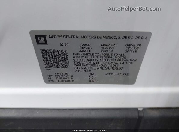 3GNAXKEV4LS645657 2020 CHEVROLET EQUINOX White ძრავის განყოფილების ხედი