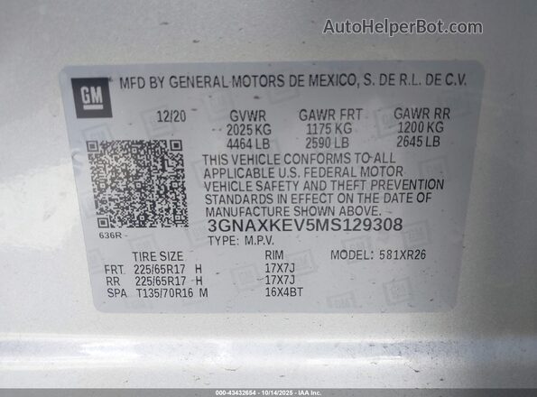 3GNAXKEV5MS129308 2021 CHEVROLET EQUINOX Silver Vista del compartimento del motor