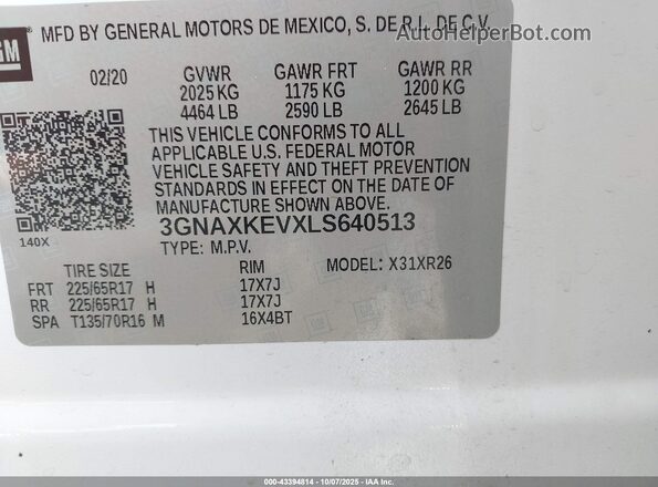 3GNAXKEVXLS640513 2020 CHEVROLET EQUINOX Белый Вид подкапотного пространства
