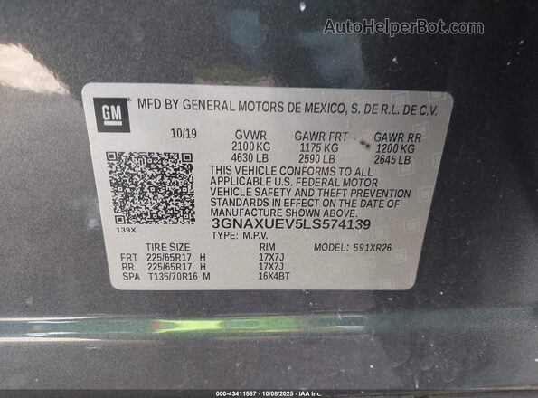 3GNAXUEV5LS574139 2020 CHEVROLET EQUINOX Gray ძრავის განყოფილების ხედი