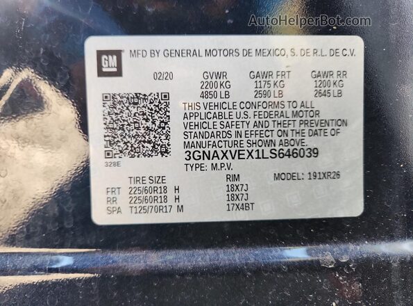 3GNAXVEX1LS646039 2020 CHEVROLET EQUINOX Black Vista de la etiqueta del VIN