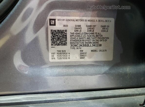 3GNCJKSB2LL341158 2020 CHEVROLET TRAX Gray Widok naklejki z numerem VIN