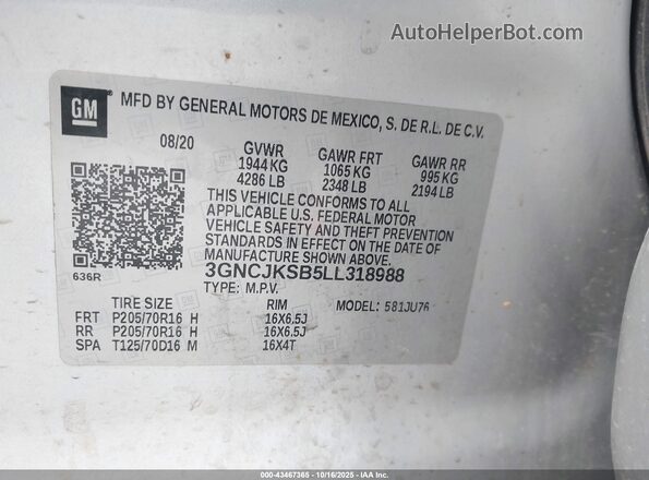 3GNCJKSB5LL318988 2020 CHEVROLET TRAX Silver Շարժիչի բաժամունքի տեսք