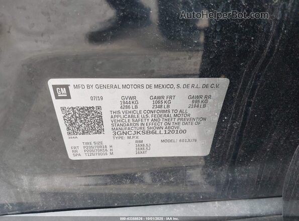 3GNCJKSB6LL120100 2020 CHEVROLET TRAX Черный Вид подкапотного пространства