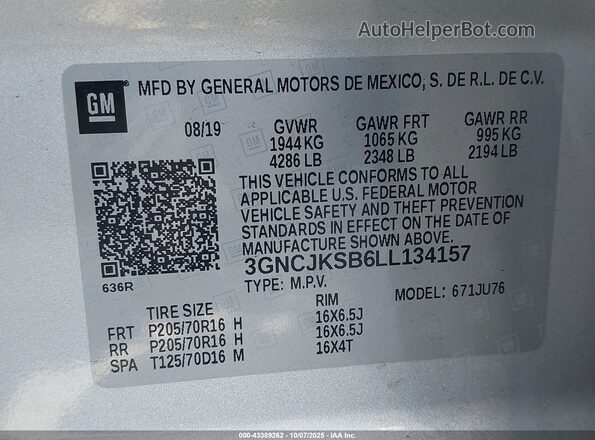 3GNCJKSB6LL134157 2020 CHEVROLET TRAX Silver Widok komory silnika