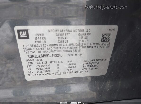 3GNCJLSB0GL163245 2016 CHEVROLET TRAX Gray ძრავის განყოფილების ხედი