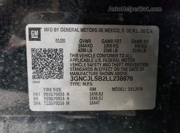 3GNCJLSB2LL238876 2020 CHEVROLET TRAX Black Вид наклейки з VIN-кодом