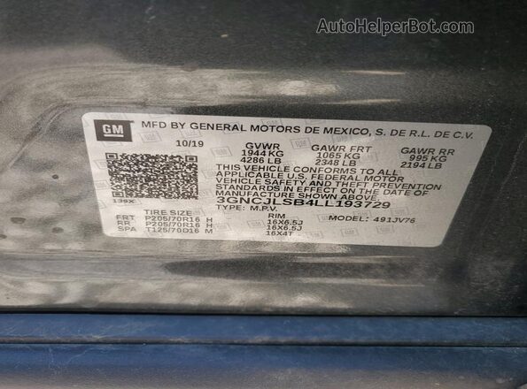 3GNCJLSB4LL193729 2020 CHEVROLET TRAX Charcoal Vista de la etiqueta del VIN