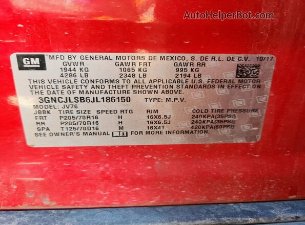 3GNCJLSB6JL186150 2018 CHEVROLET TRAX Red 